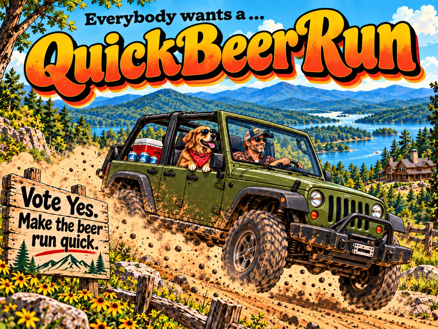 Illustration: a smiling driver and his golden retriever in a muddy green Jeep bounce down a mountain trail above a lake. Headline: Everybody wants a quick beer run. A wooden sign reads: Vote Yes. Make the beer run quick.